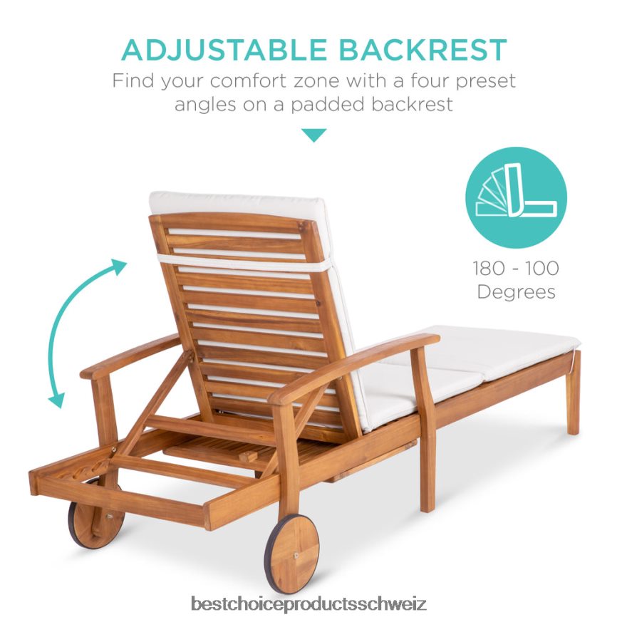 Best Choice Products Verstellbarer Chaiselongue-Sessel aus Akazienholz mit Beistelltisch und Rollen Creme 2JD022872