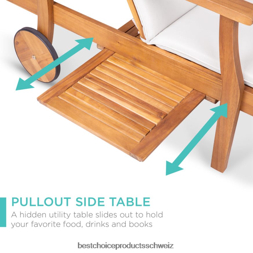 Best Choice Products Verstellbarer Chaiselongue-Sessel aus Akazienholz mit Beistelltisch und Rollen Creme 2JD022872