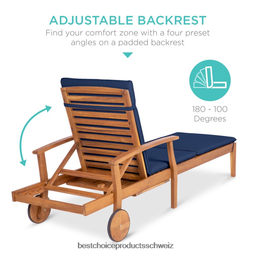 Best Choice Products Verstellbarer Chaiselongue-Sessel aus Akazienholz mit Beistelltisch und Rollen Navy blau 2JD022873
