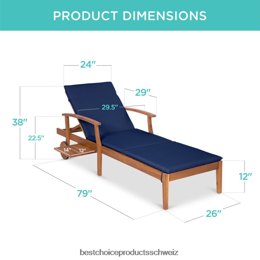 Best Choice Products Verstellbarer Chaiselongue-Sessel aus Akazienholz mit Beistelltisch und Rollen Navy blau 2JD022873