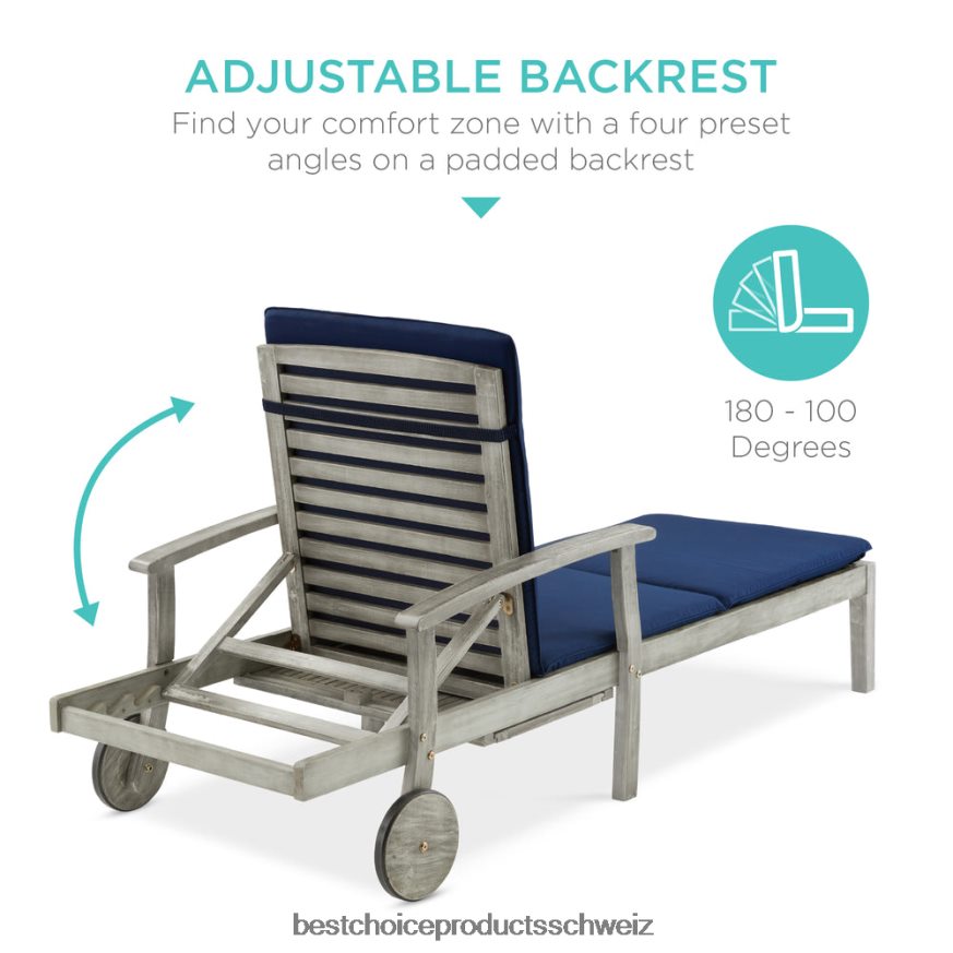 Best Choice Products Verstellbarer Chaiselongue-Sessel aus Akazienholz mit Beistelltisch und Rollen grau/marine 2JD022871