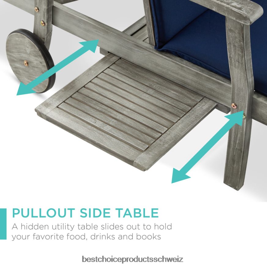 Best Choice Products Verstellbarer Chaiselongue-Sessel aus Akazienholz mit Beistelltisch und Rollen grau/marine 2JD022871