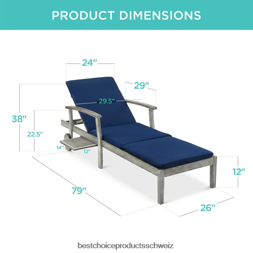 Best Choice Products Verstellbarer Chaiselongue-Sessel aus Akazienholz mit Beistelltisch und Rollen grau/marine 2JD022871