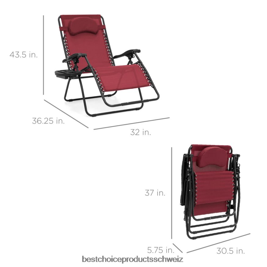 Best Choice Products Übergroßer Schwerelosigkeits-Liegestuhl mit Getränkehalter und Kissen Burgund 2JD0221333