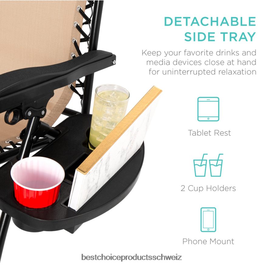 Best Choice Products Übergroßer Schwerelosigkeits-Liegestuhl mit Getränkehalter und Kissen bräunen 2JD0221330