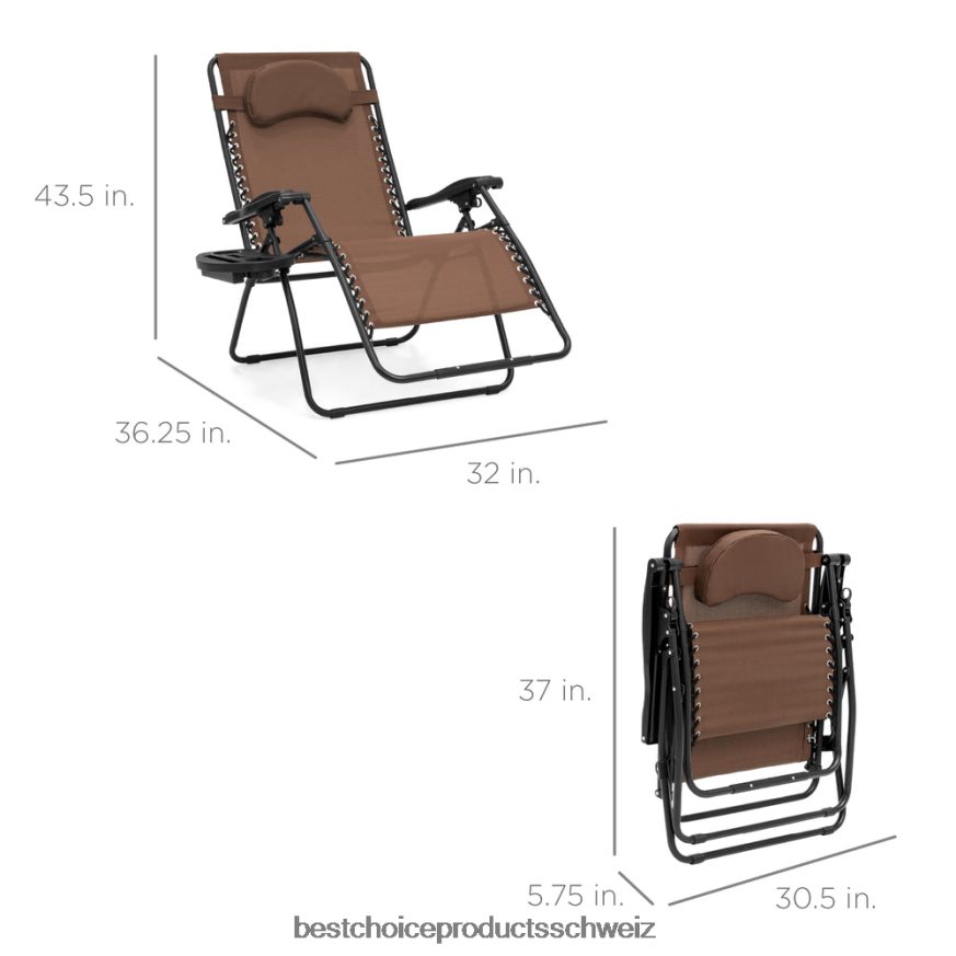 Best Choice Products Übergroßer Schwerelosigkeits-Liegestuhl mit Getränkehalter und Kissen braun 2JD0221332