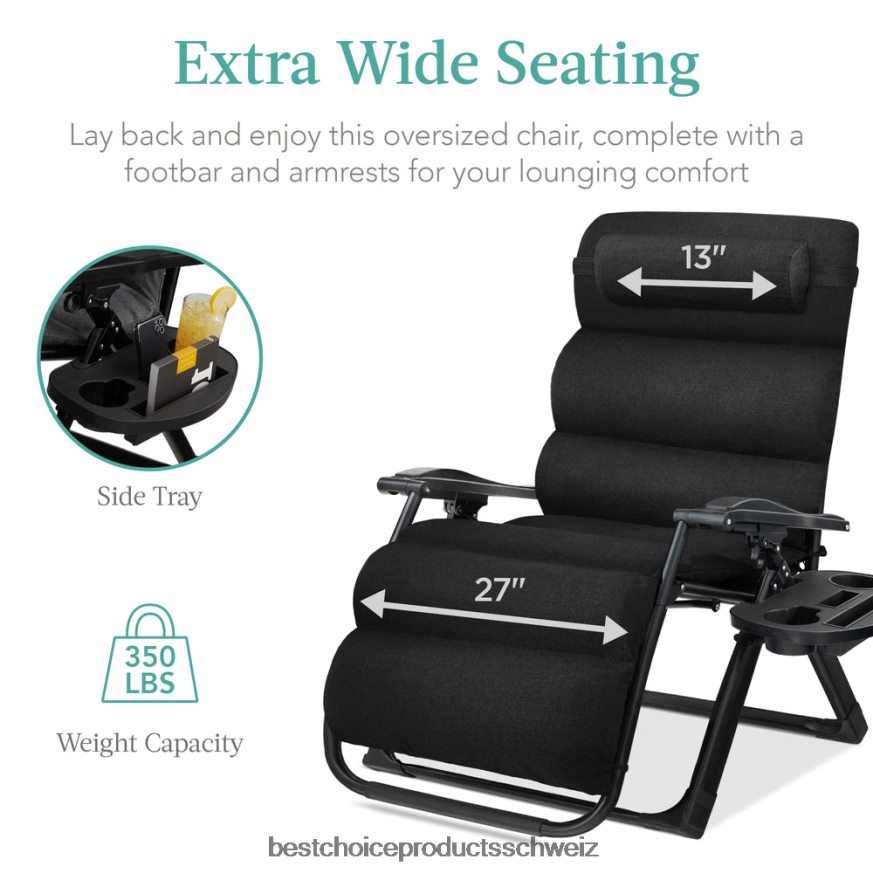 Best Choice Products Übergroßer Schwerelosigkeitsstuhl, klappbarer Outdoor-Liegestuhl mit abnehmbarem Kissen Onyx schwarz 2JD0221432
