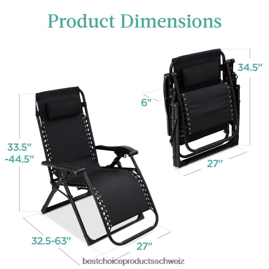Best Choice Products Übergroßer Schwerelosigkeitsstuhl, klappbarer Outdoor-Liegestuhl mit abnehmbarem Kissen Onyx schwarz 2JD0221432