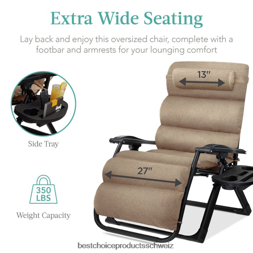 Best Choice Products Übergroßer Schwerelosigkeitsstuhl, klappbarer Outdoor-Liegestuhl mit abnehmbarem Kissen Weizen 2JD0221430