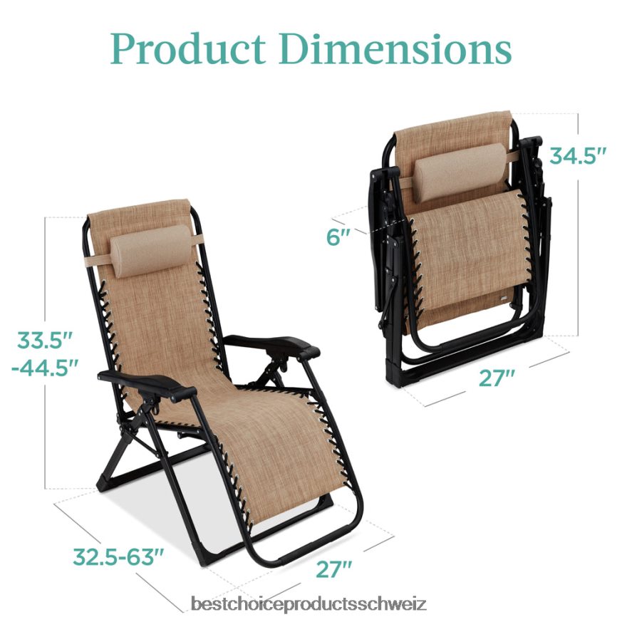 Best Choice Products Übergroßer Schwerelosigkeitsstuhl, klappbarer Outdoor-Liegestuhl mit abnehmbarem Kissen Weizen 2JD0221430