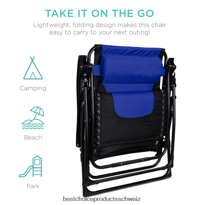 Best Choice Products Übergroßer, gepolsterter Schwerelosigkeitsstuhl, klappbarer Liegesessel mit Kopfstütze, Seitenablage Blau Schwarz 2JD022751