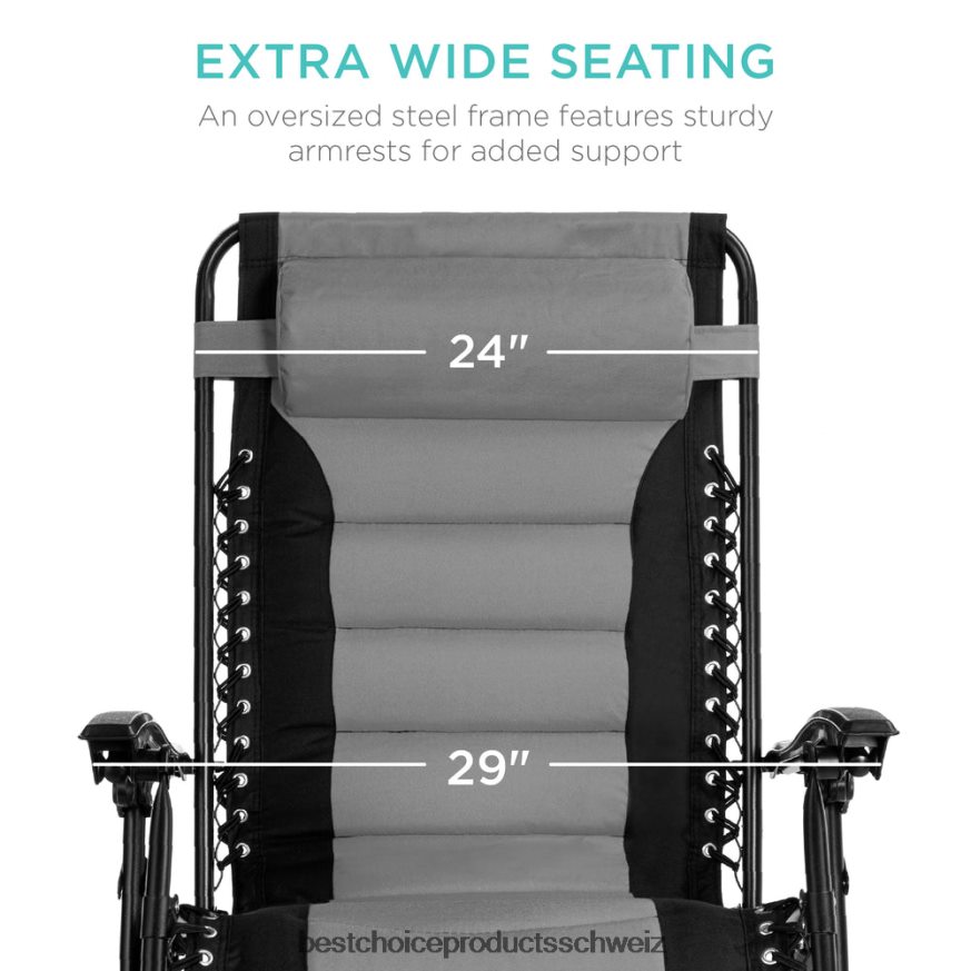 Best Choice Products Übergroßer, gepolsterter Schwerelosigkeitsstuhl, klappbarer Liegesessel mit Kopfstütze, Seitenablage Grauschwarz 2JD022752