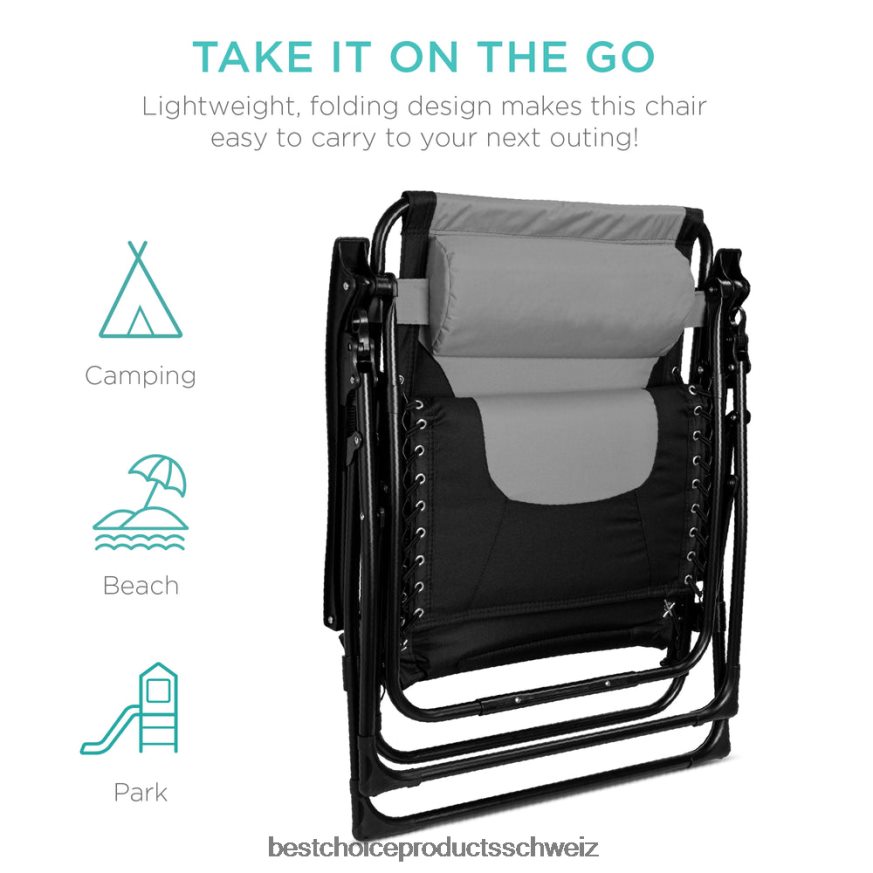 Best Choice Products Übergroßer, gepolsterter Schwerelosigkeitsstuhl, klappbarer Liegesessel mit Kopfstütze, Seitenablage Grauschwarz 2JD022752