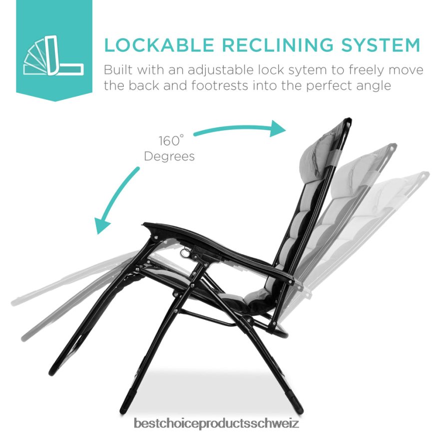 Best Choice Products Übergroßer, gepolsterter Schwerelosigkeitsstuhl, klappbarer Liegesessel mit Kopfstütze, Seitenablage Grauschwarz 2JD022752