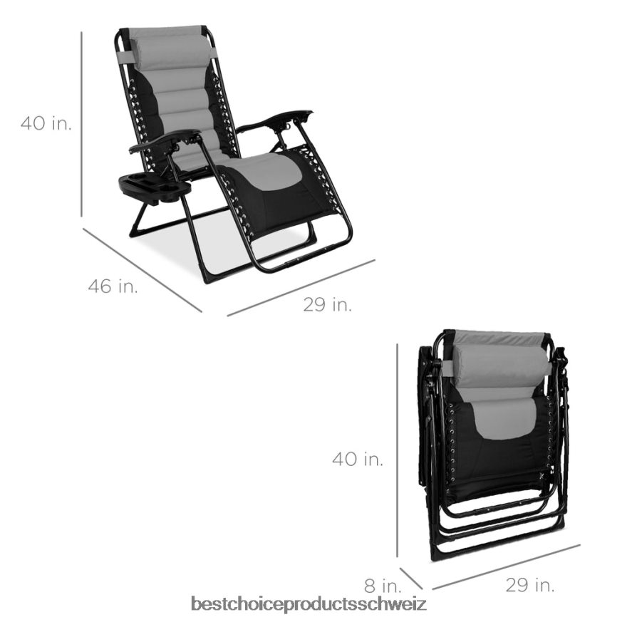 Best Choice Products Übergroßer, gepolsterter Schwerelosigkeitsstuhl, klappbarer Liegesessel mit Kopfstütze, Seitenablage Grauschwarz 2JD022752