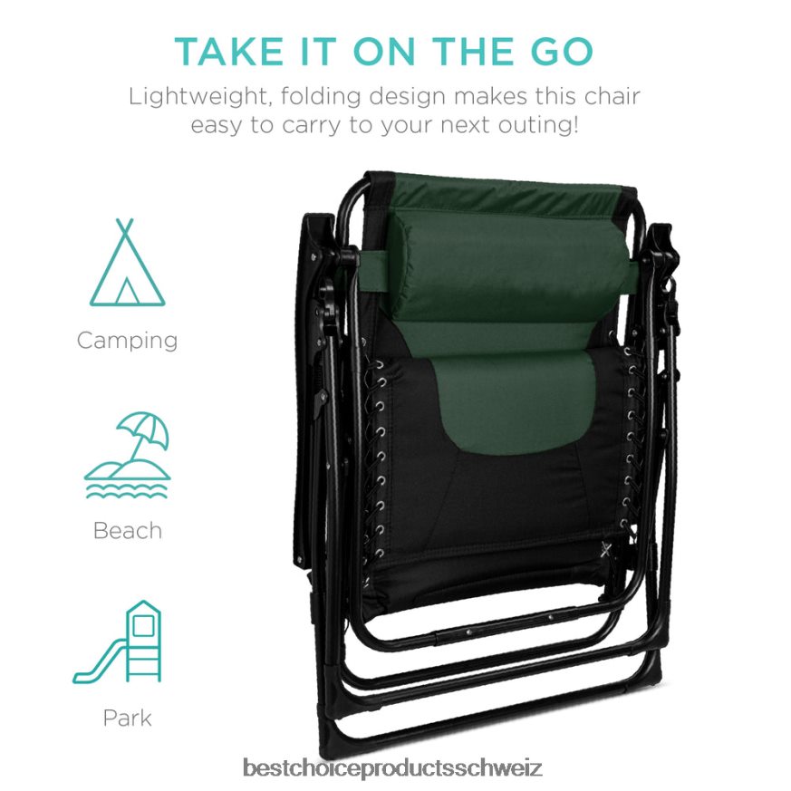 Best Choice Products Übergroßer, gepolsterter Schwerelosigkeitsstuhl, klappbarer Liegesessel mit Kopfstütze, Seitenablage Waldgrün 2JD022753
