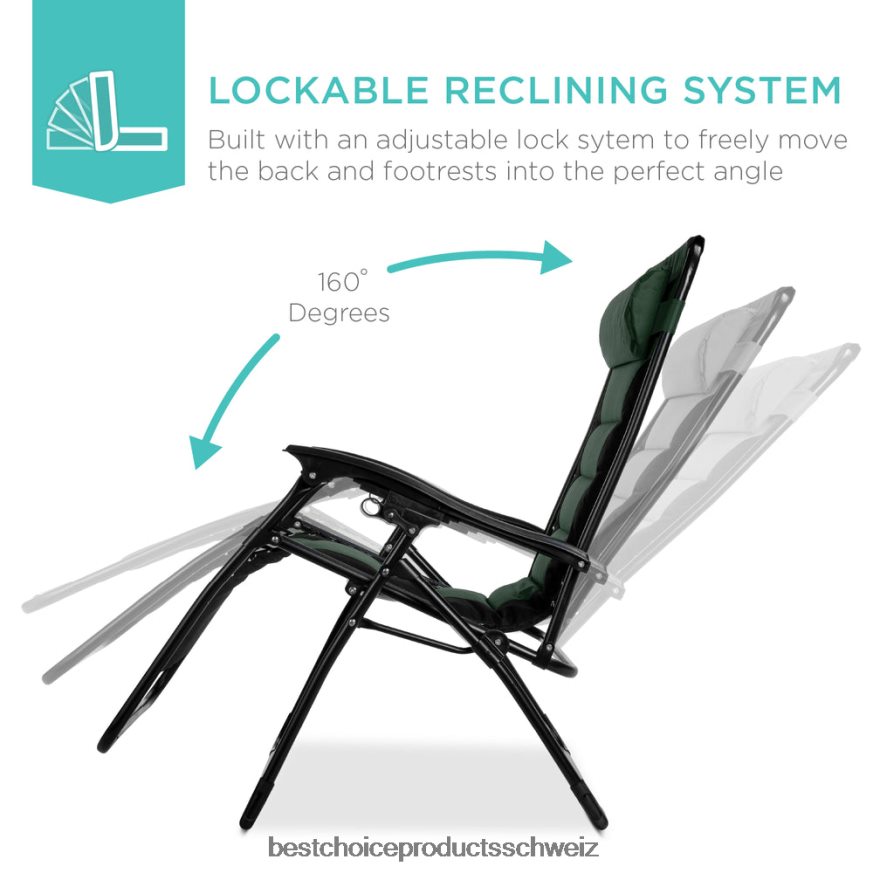 Best Choice Products Übergroßer, gepolsterter Schwerelosigkeitsstuhl, klappbarer Liegesessel mit Kopfstütze, Seitenablage Waldgrün 2JD022753