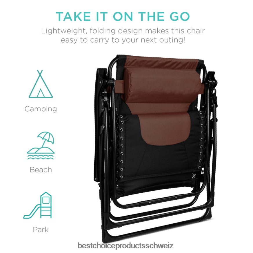 Best Choice Products Übergroßer, gepolsterter Schwerelosigkeitsstuhl, klappbarer Liegesessel mit Kopfstütze, Seitenablage braun 2JD022754