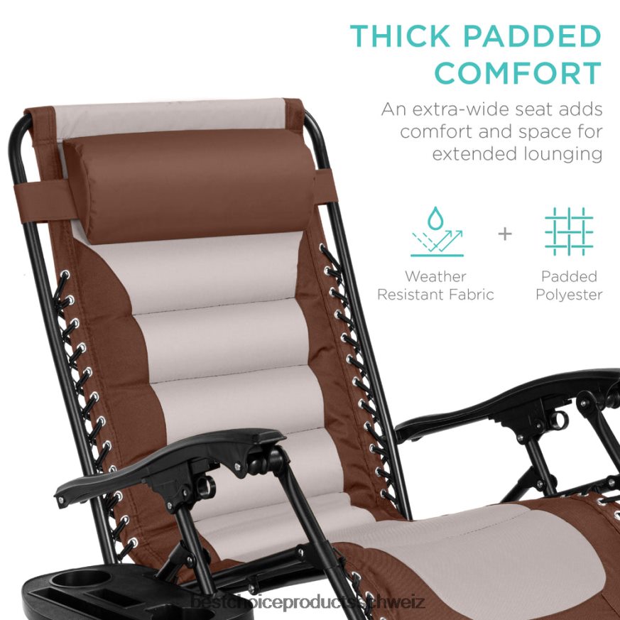 Best Choice Products Übergroßer, gepolsterter Schwerelosigkeitsstuhl, klappbarer Liegesessel mit Kopfstütze, Seitenablage braun/auster 2JD022765