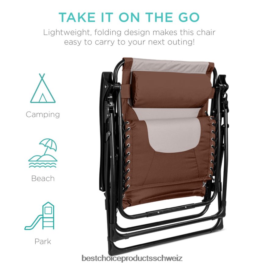 Best Choice Products Übergroßer, gepolsterter Schwerelosigkeitsstuhl, klappbarer Liegesessel mit Kopfstütze, Seitenablage braun/auster 2JD022765