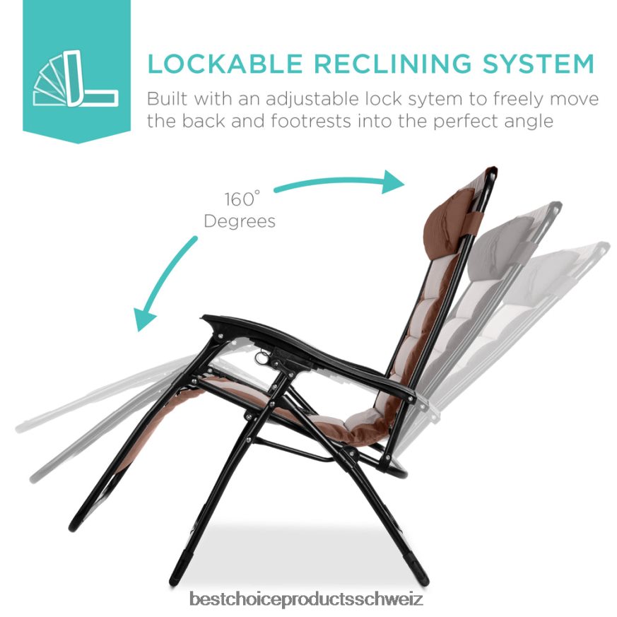 Best Choice Products Übergroßer, gepolsterter Schwerelosigkeitsstuhl, klappbarer Liegesessel mit Kopfstütze, Seitenablage braun/auster 2JD022765