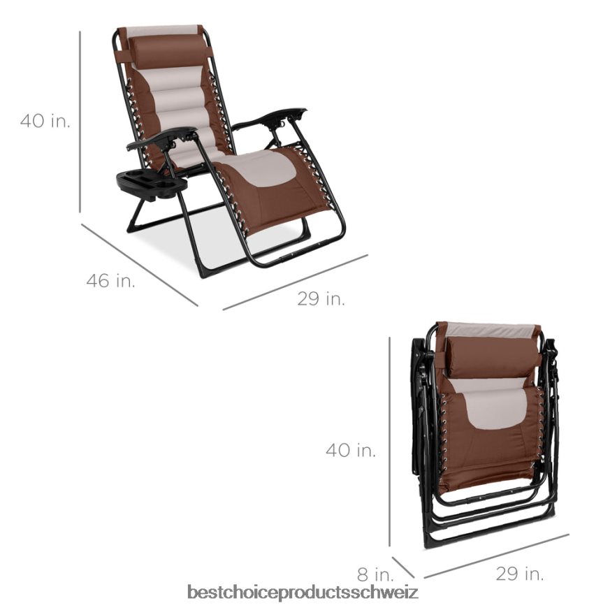 Best Choice Products Übergroßer, gepolsterter Schwerelosigkeitsstuhl, klappbarer Liegesessel mit Kopfstütze, Seitenablage braun/auster 2JD022765
