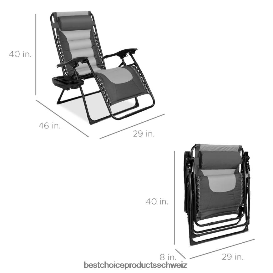 Best Choice Products Übergroßer, gepolsterter Schwerelosigkeitsstuhl, klappbarer Liegesessel mit Kopfstütze, Seitenablage grau/hellgrau 2JD022759