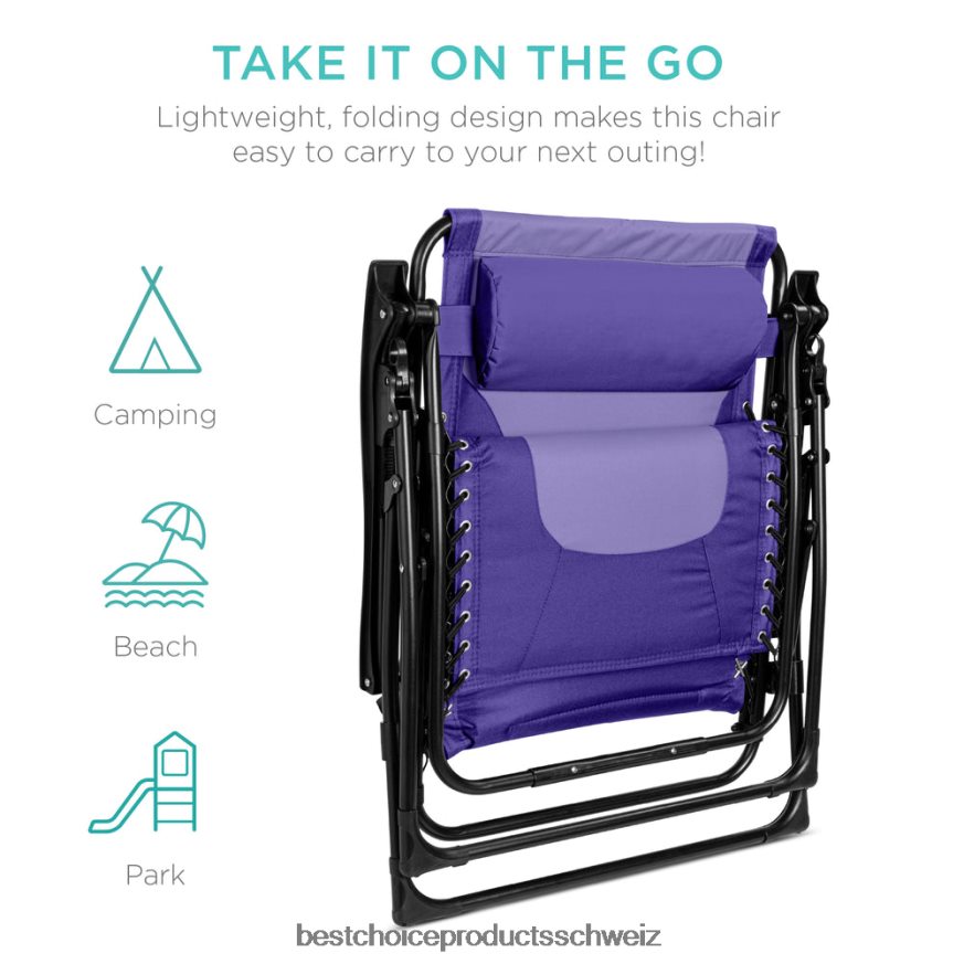 Best Choice Products Übergroßer, gepolsterter Schwerelosigkeitsstuhl, klappbarer Liegesessel mit Kopfstütze, Seitenablage lila/violett 2JD022758