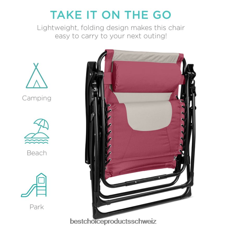 Best Choice Products Übergroßer, gepolsterter Schwerelosigkeitsstuhl, klappbarer Liegesessel mit Kopfstütze, Seitenablage rosa/taupe 2JD022762