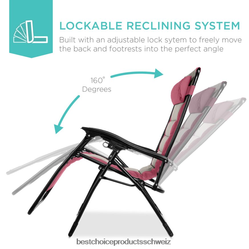 Best Choice Products Übergroßer, gepolsterter Schwerelosigkeitsstuhl, klappbarer Liegesessel mit Kopfstütze, Seitenablage rosa/taupe 2JD022762