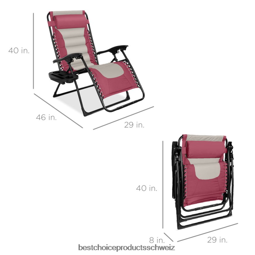 Best Choice Products Übergroßer, gepolsterter Schwerelosigkeitsstuhl, klappbarer Liegesessel mit Kopfstütze, Seitenablage rosa/taupe 2JD022762