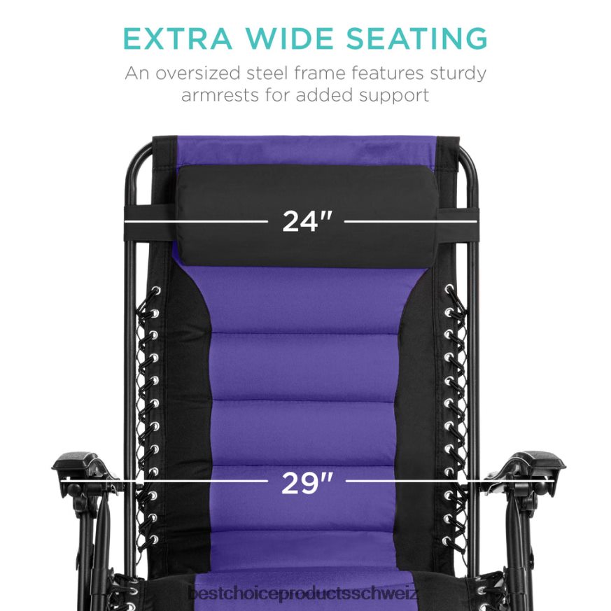 Best Choice Products Übergroßer, gepolsterter Schwerelosigkeitsstuhl, klappbarer Liegesessel mit Kopfstütze, Seitenablage schwarz/lila 2JD022757