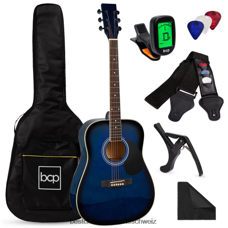Best Choice Products 41-Zoll-Starterset für Akustikgitarre mit digitalem Stimmgerät, gepolstertem Koffer, Plektren und Gurt Blau 2JD0221075