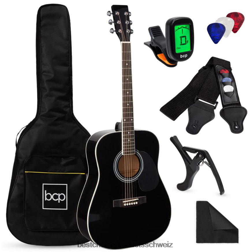 Best Choice Products 41-Zoll-Starterset für Akustikgitarre mit digitalem Stimmgerät, gepolstertem Koffer, Plektren und Gurt Schwarz 2JD0221074