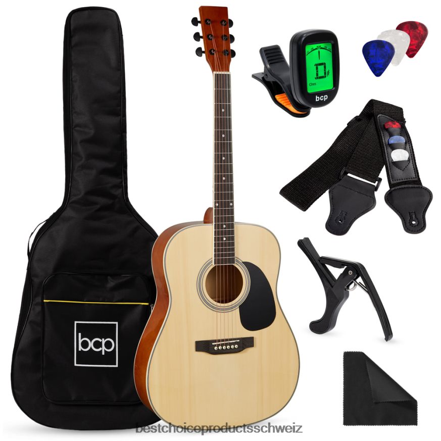 Best Choice Products 41-Zoll-Starterset für Akustikgitarre mit digitalem Stimmgerät, gepolstertem Koffer, Plektren und Gurt natürlich 2JD0221072