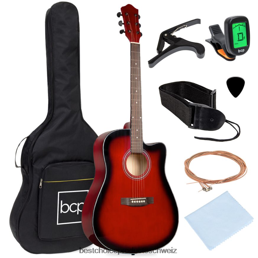 Best Choice Products Akustikgitarren-Set für Einsteiger in Originalgröße mit Koffer, Gurt und Kapodaster Rot 2JD0221071