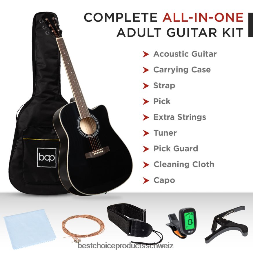 Best Choice Products Akustikgitarren-Set für Einsteiger in Originalgröße mit Koffer, Gurt und Kapodaster Schwarz 2JD0221066