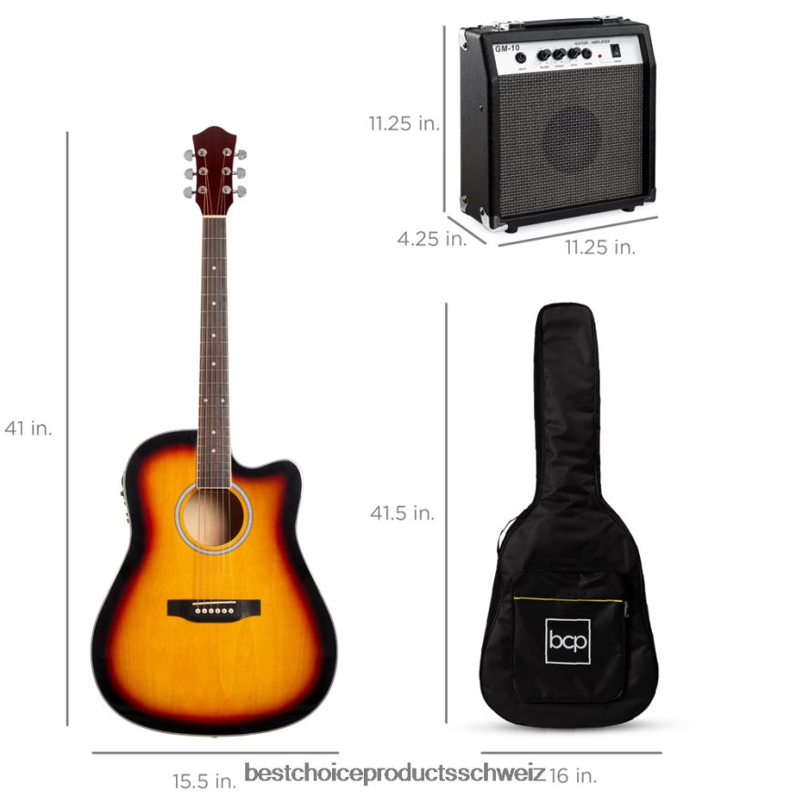Best Choice Products Akustisches elektrisches Cutaway-Gitarrenset für Einsteiger mit Koffer und Gurt Sonnendurchbruch 2JD0221095