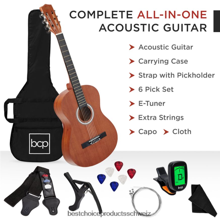 Best Choice Products Einsteiger-Akustikgitarrenset mit Koffer, Gurt, digitalem Stimmgerät und Saiten natürliches Mahagoni 2JD0221121