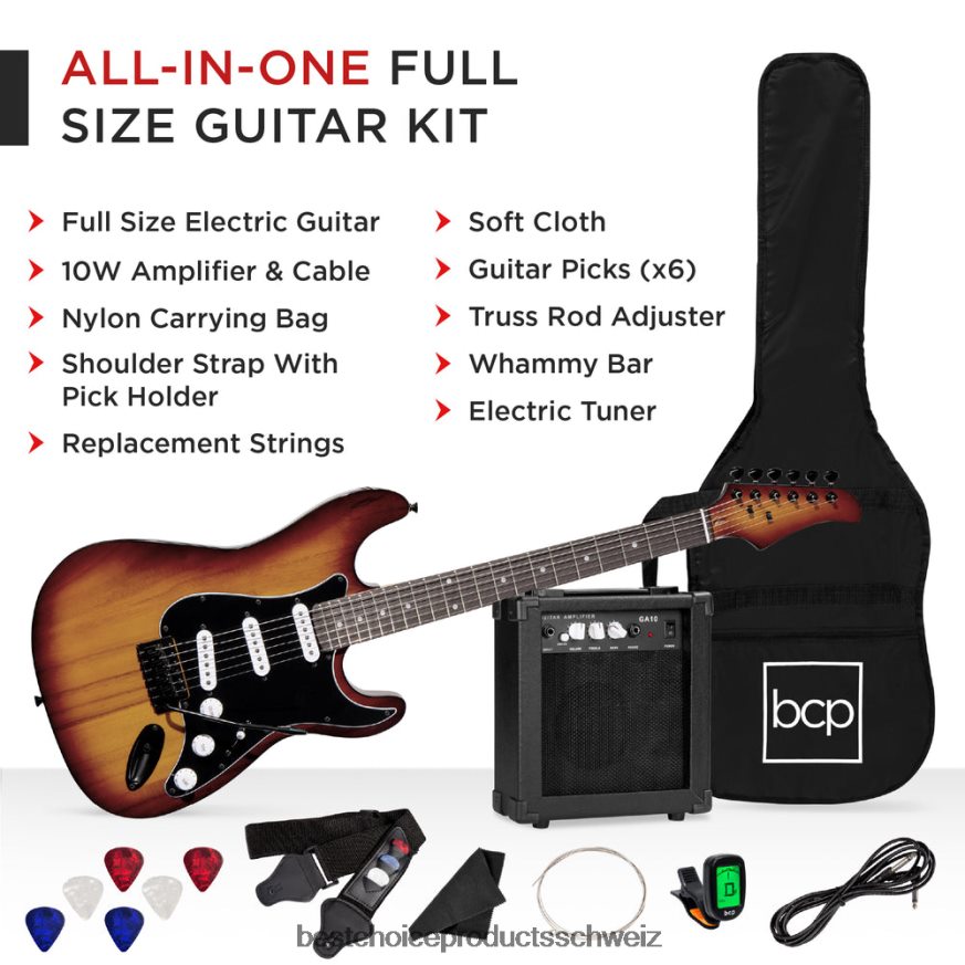 Best Choice Products Einsteiger-E-Gitarren-Set mit Koffer, 10-W-Verstärker und Tremolo-Stange Bourbon 2JD0221104
