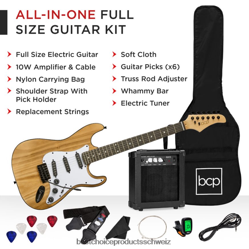 Best Choice Products Einsteiger-E-Gitarren-Set mit Koffer, 10-W-Verstärker und Tremolo-Stange natürlich 2JD0221109