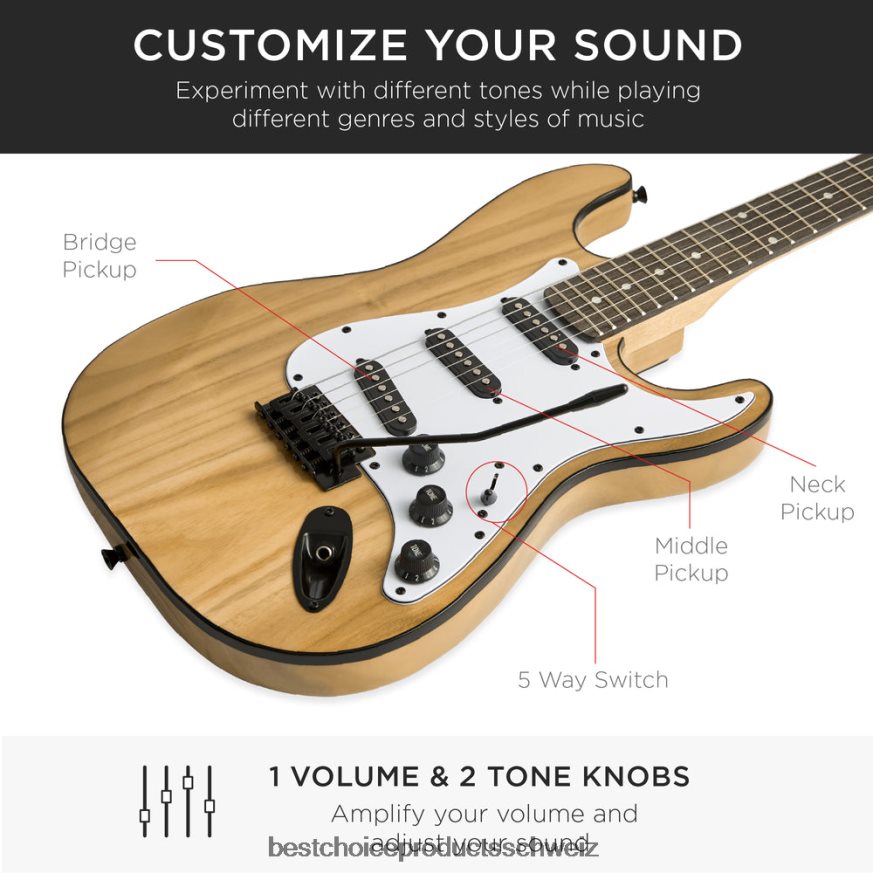 Best Choice Products Einsteiger-E-Gitarren-Set mit Koffer, 10-W-Verstärker und Tremolo-Stange natürlich 2JD0221109