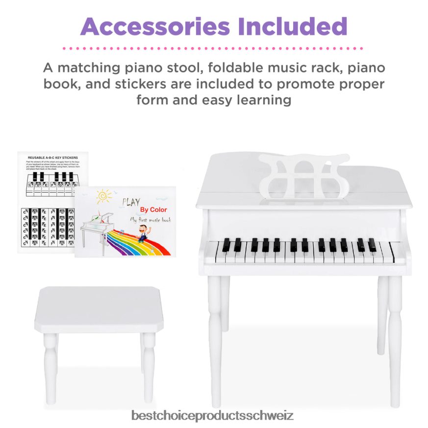 Best Choice Products Mini-Holzflügel für Kinder mit Deckel, Bank, Notenständer, Liederbuch und Aufklebern Weiß 2JD0221124