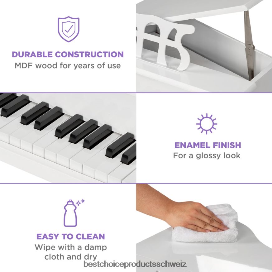 Best Choice Products Mini-Holzflügel für Kinder mit Deckel, Bank, Notenständer, Liederbuch und Aufklebern Weiß 2JD0221124
