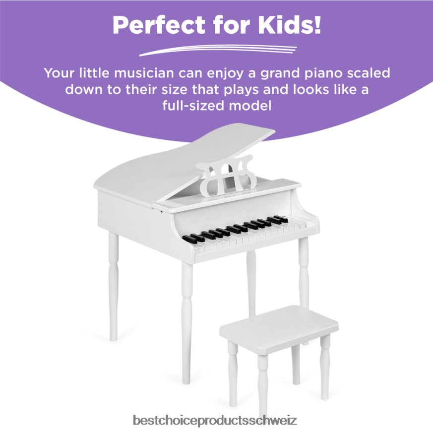 Best Choice Products Mini-Holzflügel für Kinder mit Deckel, Bank, Notenständer, Liederbuch und Aufklebern Weiß 2JD0221124