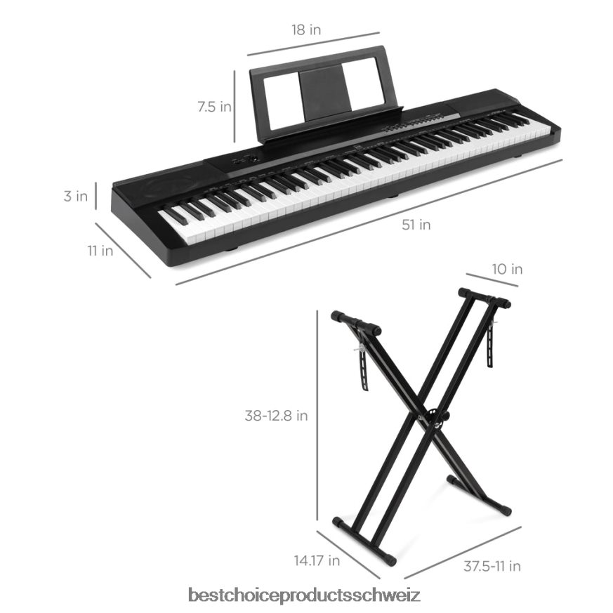 Best Choice Products Digitalpiano-Set mit 88 Tasten, halbgewichteten Tasten, Ständer und Sustain-Pedal Schwarz 2JD0221129