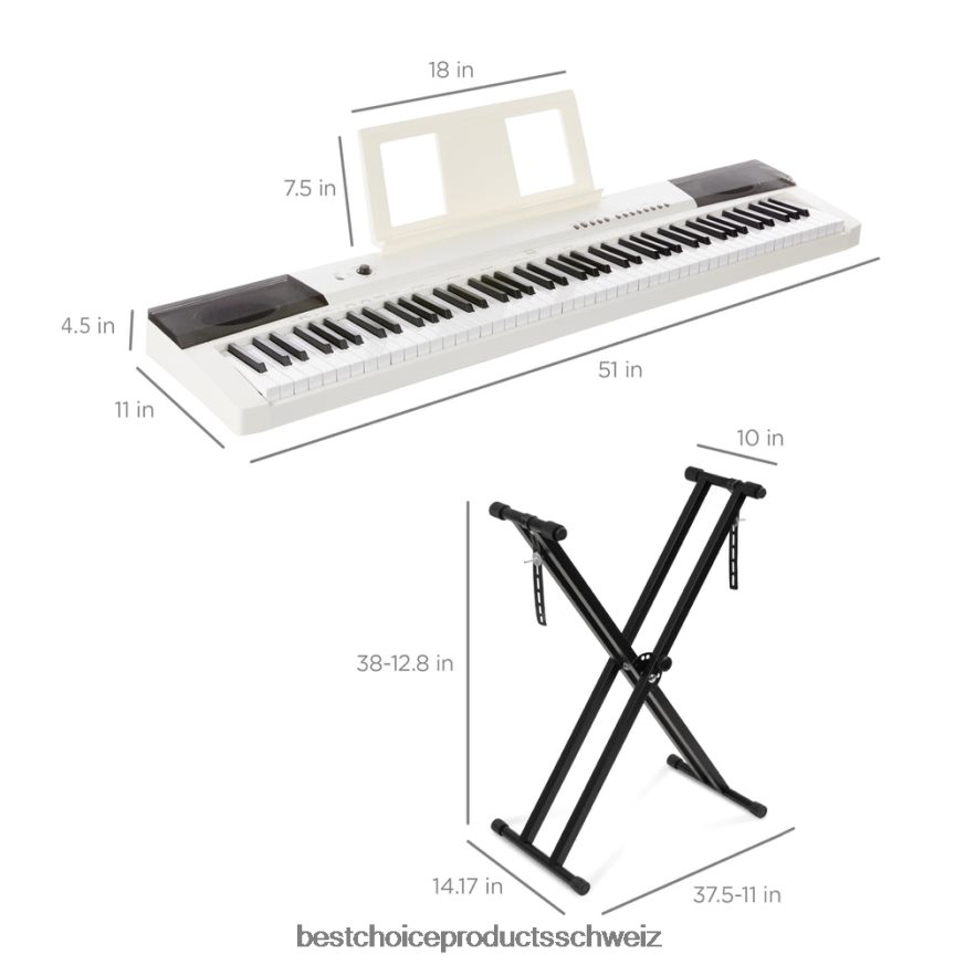 Best Choice Products Digitalpiano-Set mit 88 Tasten, halbgewichteten Tasten, Ständer und Sustain-Pedal Weiß 2JD0221130
