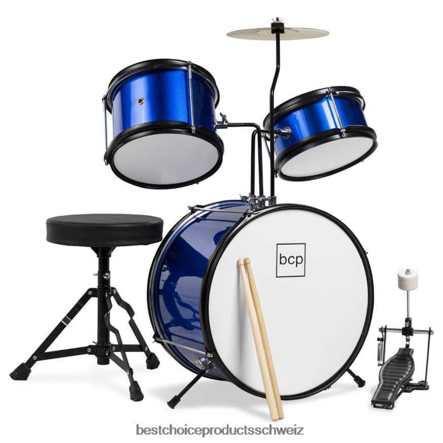 Best Choice Products 3-teiliges Anfänger-Trommelset für Kinder, Musikinstrumentenset mit Stöcken, Hocker und Pedal Blau 2JD022513