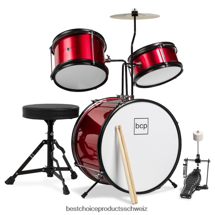 Best Choice Products 3-teiliges Anfänger-Trommelset für Kinder, Musikinstrumentenset mit Stöcken, Hocker und Pedal Rot 2JD022515