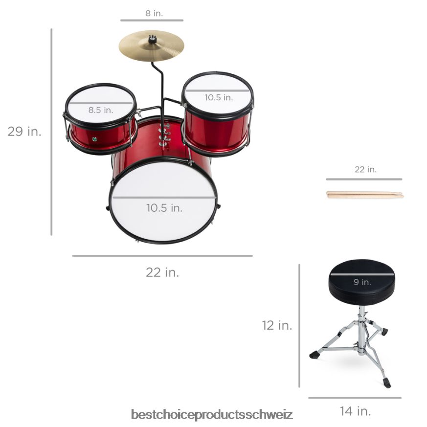 Best Choice Products 3-teiliges Anfänger-Trommelset für Kinder, Musikinstrumentenset mit Stöcken, Hocker und Pedal Rot 2JD022515